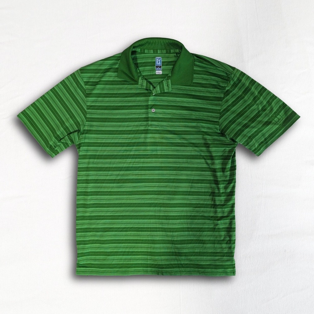 PGA Tour Mens Green Striped Golf Polo Shirt Size Large L Airflux Performance